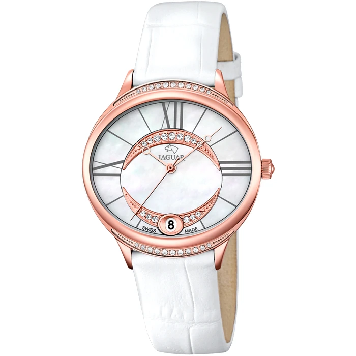 Дамски ръчен часовник с кварцов механизъм - корпус от Стомана - Естествена кожа - цвят Седеф Бял