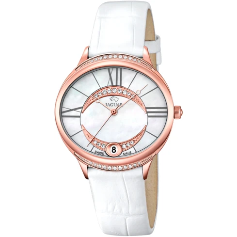 Дамски ръчен часовник с кварцов механизъм - корпус от Стомана - Естествена кожа - цвят Седеф Бял