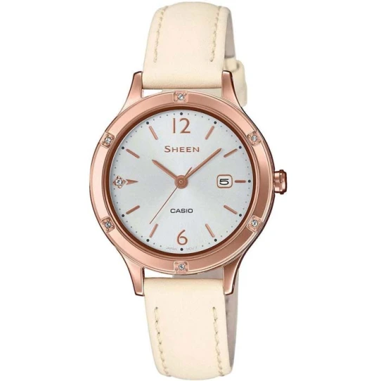 Дамски ръчен часовник с кварцов механизъм - корпус от Стомана - Естествена кожа - цвят Сребрист Бежов