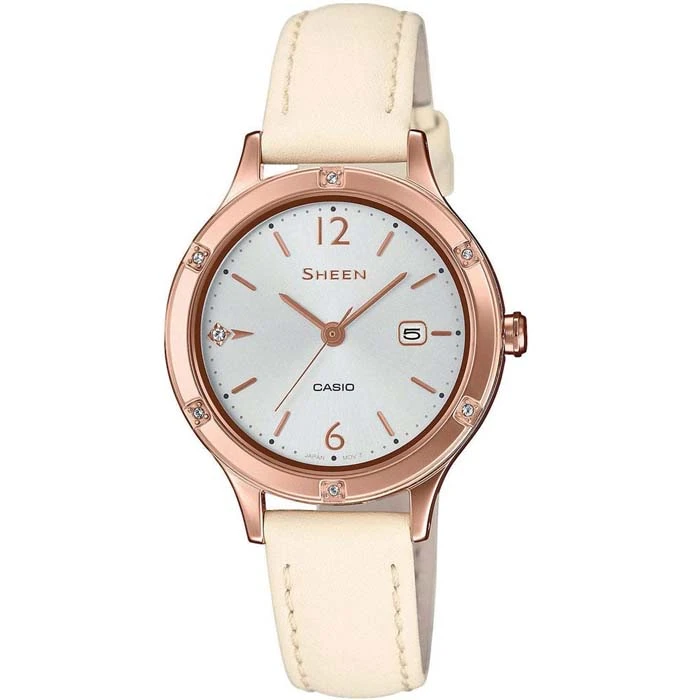 Дамски ръчен часовник с кварцов механизъм - корпус от Стомана - Естествена кожа - цвят Сребрист Бежов