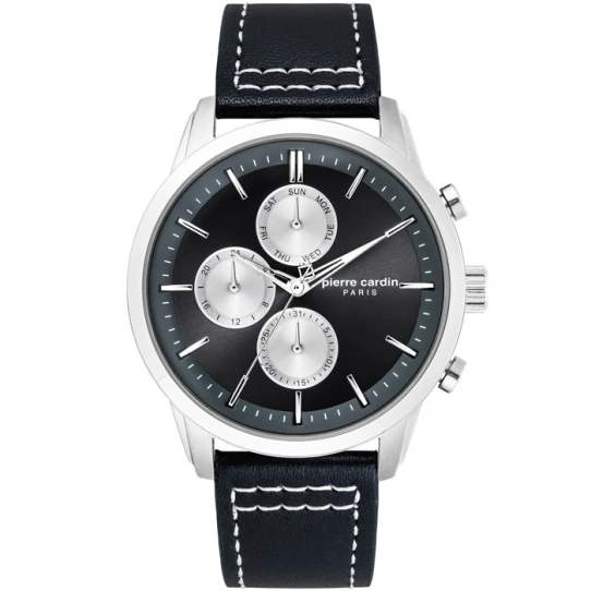 Мъжки ръчен часовник с кварцов механизъм - корпус от Стомана - Естествена кожа - цвят Черен Бял