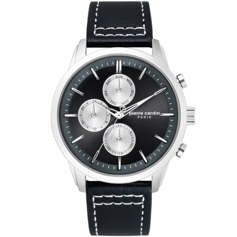 Мъжки ръчен часовник с кварцов механизъм - корпус от Стомана - Естествена кожа - цвят Черен Бял