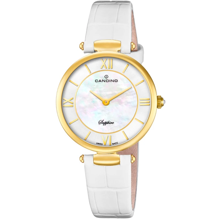 Дамски ръчен часовник с кварцов механизъм - корпус от Стомана - Естествена кожа - цвят Седеф Бял