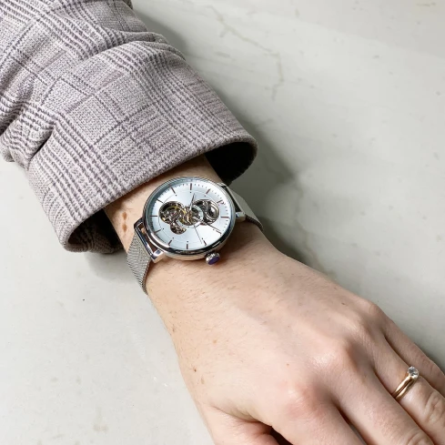 Дамски ръчен часовник с автоматичен механизъм - корпус от Стомана - Меш - цвят Скелетон Сив