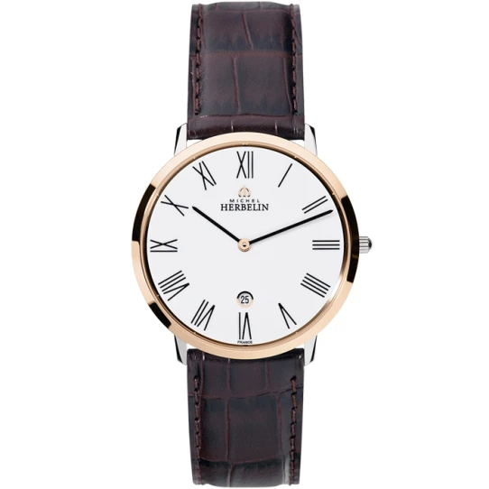 Мъжки ръчен часовник с кварцов механизъм - корпус от Стомана - Естествена кожа - цвят Бял Кафяв