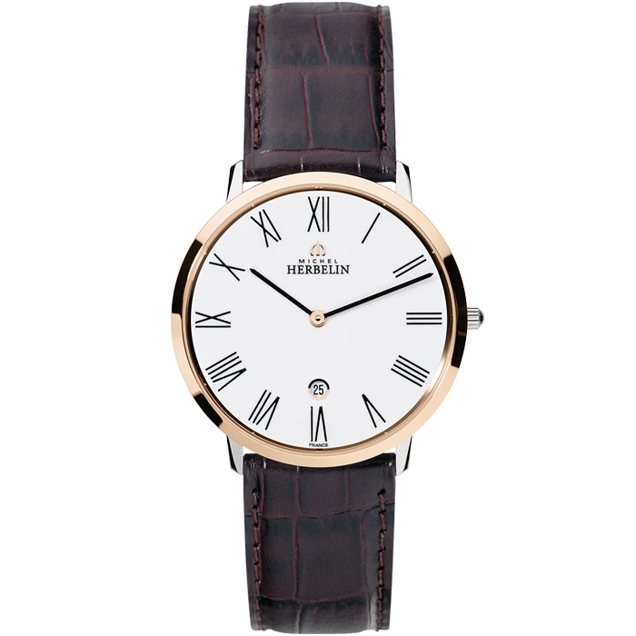 Мъжки ръчен часовник с кварцов механизъм - корпус от Стомана - Естествена кожа - цвят Бял Кафяв