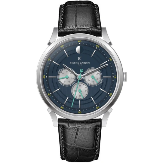 Pierre Cardin CPI.2112 Pigalle Half Moon - Мъжки ръчен часовник с кварцов механизъм - корпус от Стомана - Естествена кожа - цвят Син Черен