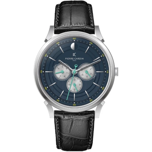 Pierre Cardin CPI.2112 Pigalle Half Moon - Мъжки ръчен часовник с кварцов механизъм - корпус от Стомана - Естествена кожа - цвят Син Черен