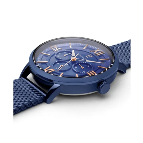 Мъжки ръчен часовник с кварцов механизъм - корпус от Стомана - Естествена кожа - цвят Син Син