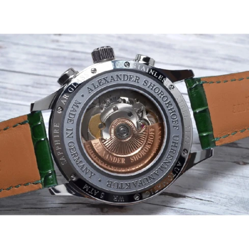 Мъжки ръчен часовник с автоматичен механизъм - корпус от Стомана - Естествена кожа - цвят Зелен Зелен