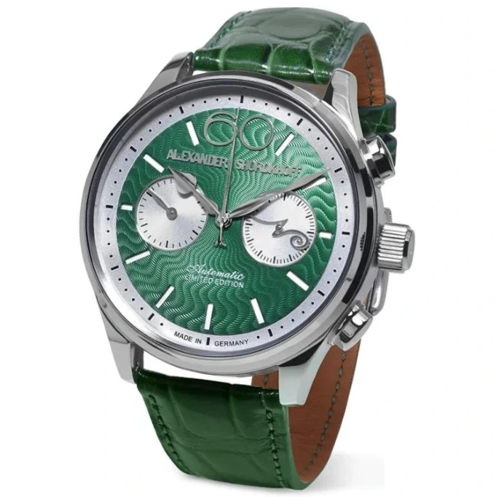Мъжки ръчен часовник с автоматичен механизъм - корпус от Стомана - Естествена кожа - цвят Зелен Зелен