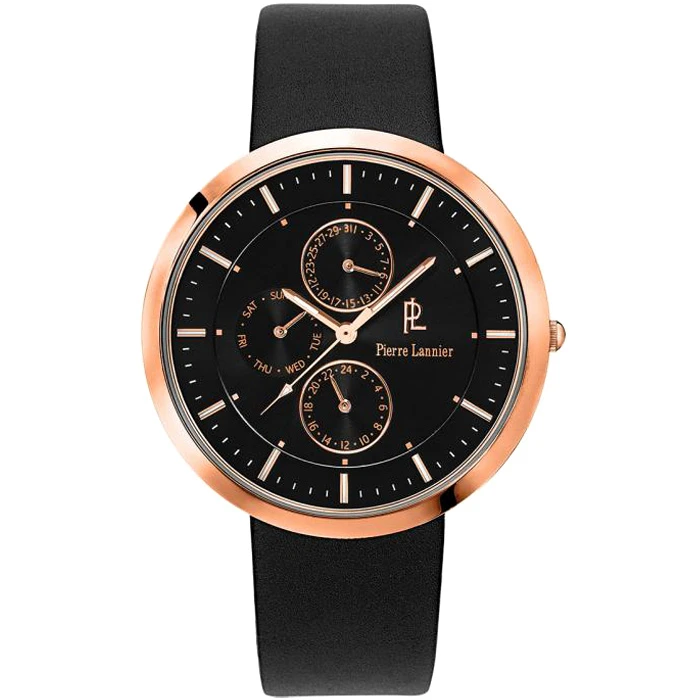 Мъжки ръчен часовник с кварцов механизъм - корпус от Стомана - Естествена кожа - цвят Черен Черен