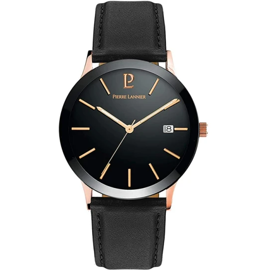 Мъжки ръчен часовник с кварцов механизъм - корпус от Стомана - Естествена кожа - цвят Черен Черен