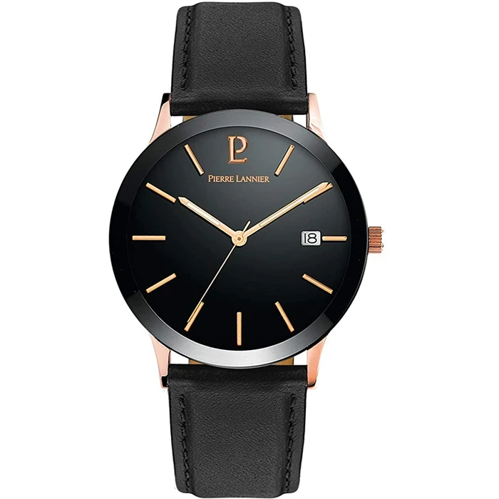 Мъжки ръчен часовник с кварцов механизъм - корпус от Стомана - Естествена кожа - цвят Черен Черен