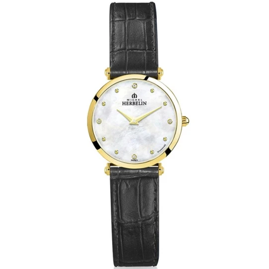 Дамски ръчен часовник с кварцов механизъм - корпус от Стомана - Естествена кожа - цвят Седеф Черен