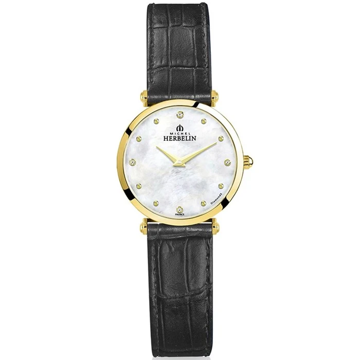 Дамски ръчен часовник с кварцов механизъм - корпус от Стомана - Естествена кожа - цвят Седеф Черен