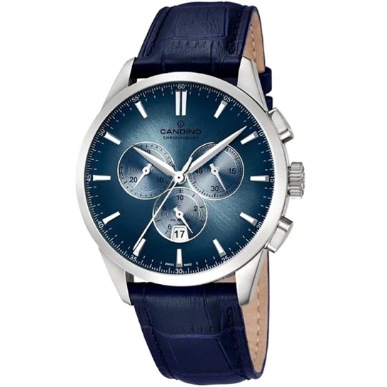 Мъжки ръчен часовник с кварцов механизъм - корпус от Стомана - Естествена кожа - цвят Син Син