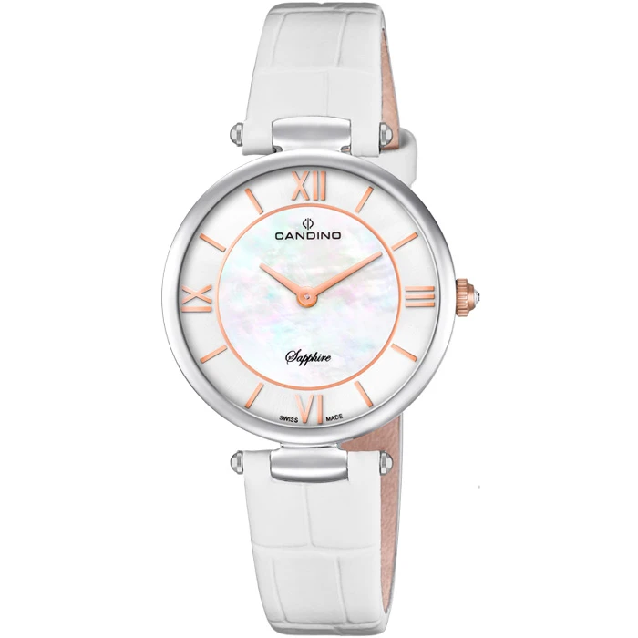 Дамски ръчен часовник с кварцов механизъм - корпус от Стомана - Естествена кожа - цвят Седеф Бял