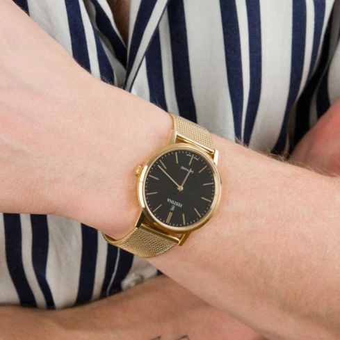 Мъжки ръчен часовник с кварцов механизъм - корпус от Стомана и злато 18К - Златна верижка - цвят Черен