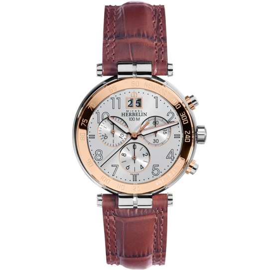 Мъжки ръчен часовник с кварцов механизъм - корпус от Стомана - Естествена кожа - цвят Сребрист Червен