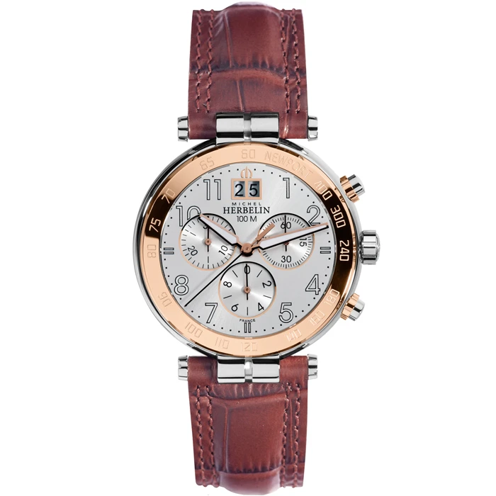 Мъжки ръчен часовник с кварцов механизъм - корпус от Стомана - Естествена кожа - цвят Сребрист Червен