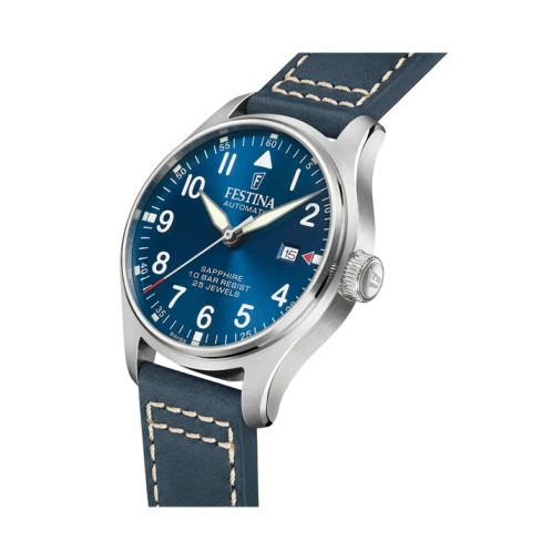 Мъжки ръчен часовник с автоматичен механизъм - корпус от Стомана - Естествена кожа - цвят Син Бял