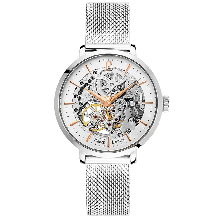 Дамски ръчен часовник с автоматичен механизъм - корпус от Стомана - Меш - цвят Скелетон Сив