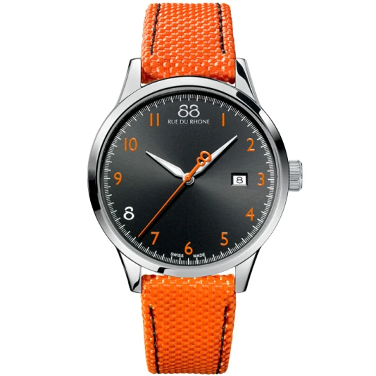 Мъжки ръчен часовник с кварцов механизъм - корпус от Стомана - Естествена кожа - цвят Черен Оранжев