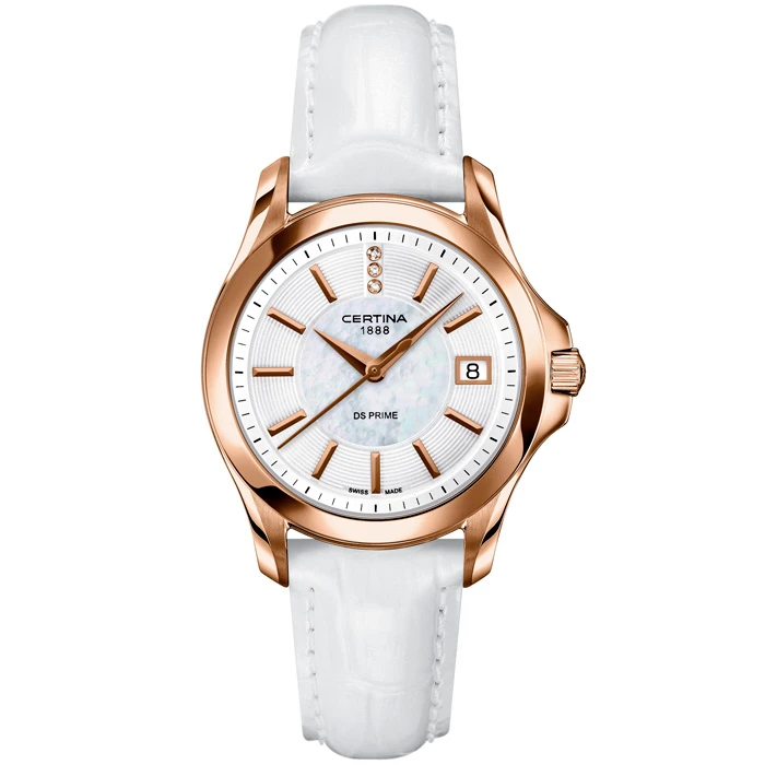 Дамски ръчен часовник с кварцов механизъм - корпус от Стомана - Естествена кожа - цвят Седеф Бял