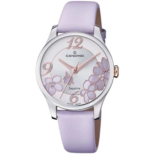 Дамски ръчен часовник с кварцов механизъм - корпус от Стомана - Естествена кожа - цвят Сребрист Лилав