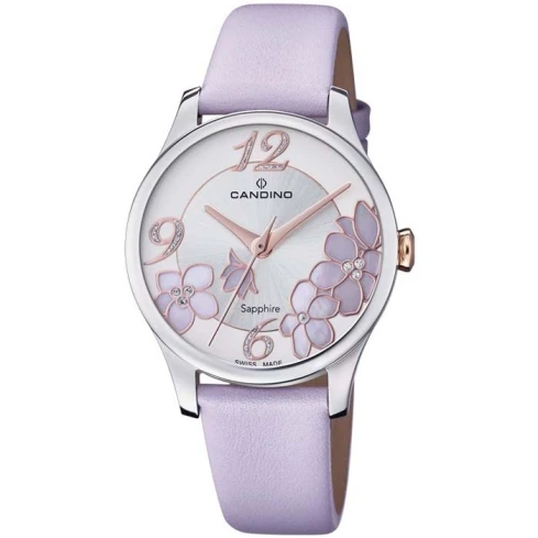 Дамски ръчен часовник с кварцов механизъм - корпус от Стомана - Естествена кожа - цвят Сребрист Лилав