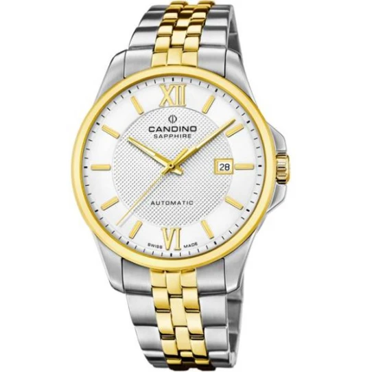 Мъжки ръчен часовник с автоматичен механизъм - корпус от Стомана и злато 18К - Стоманена верижка - цвят Бял