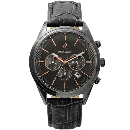 Мъжки ръчен часовник с кварцов механизъм - корпус от Стомана - Естествена кожа - цвят Черен Черен