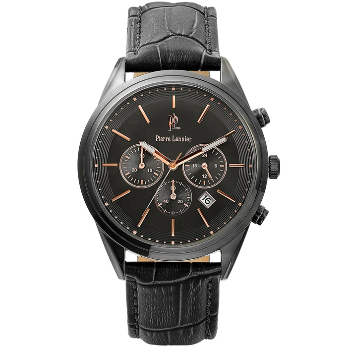 Мъжки ръчен часовник с кварцов механизъм - корпус от Стомана - Естествена кожа - цвят Черен Черен