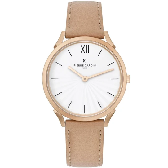 Дамски ръчен часовник с кварцов механизъм - корпус от Стомана - Естествена кожа - цвят Бял Бежов