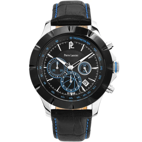 Мъжки ръчен часовник с кварцов механизъм - корпус от Стомана - Естествена кожа - цвят Черен Син