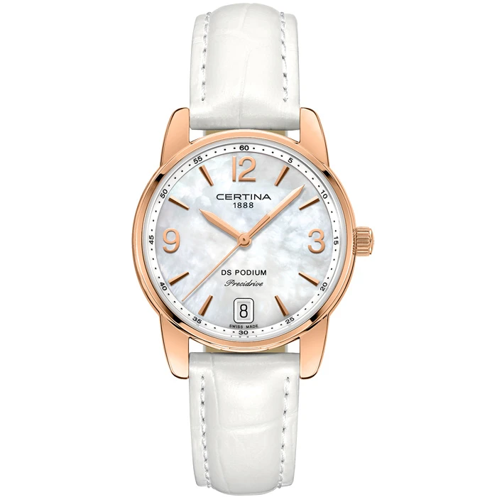 Дамски ръчен часовник с кварцов механизъм - корпус от Стомана - Естествена кожа - цвят Седеф Бял