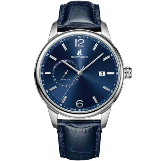 Мъжки ръчен часовник с кварцов механизъм - корпус от Стомана - Естествена кожа - цвят Син Син