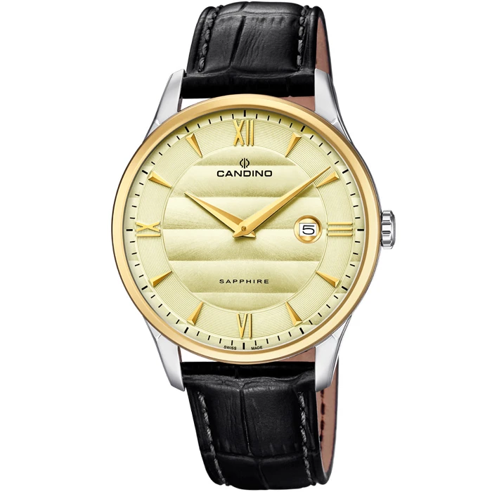 Мъжки ръчен часовник с кварцов механизъм - корпус от Стомана - Естествена кожа - цвят Шампанско Черен