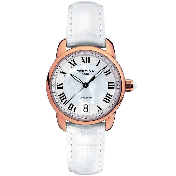 Дамски ръчен часовник с кварцов механизъм - корпус от Стомана - Естествена кожа - цвят Седеф Бял