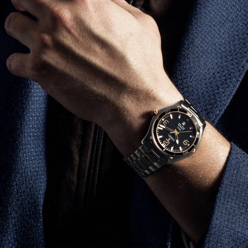 Мъжки ръчен часовник с автоматичен механизъм - корпус от Стомана и алуминий - Стоманена верижка - цвят Черен Сив