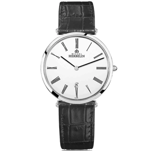 Мъжки ръчен часовник с кварцов механизъм - корпус от Стомана - Естествена кожа - цвят Бял Черен