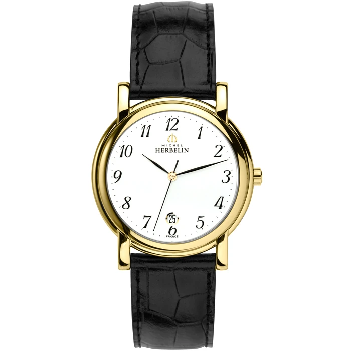 Мъжки ръчен часовник с кварцов механизъм - корпус от Стомана - Естествена кожа - цвят Бял Черен