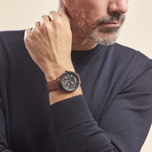 Мъжки ръчен часовник с автоматичен механизъм - корпус от Стомана - Естествена кожа - цвят Скелетон Кафяв