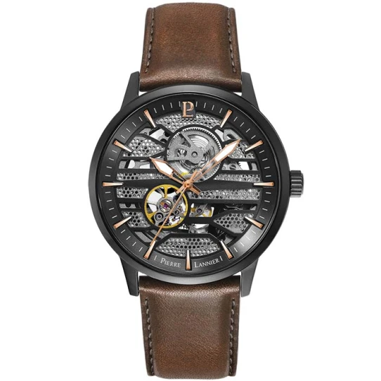 Мъжки ръчен часовник с автоматичен механизъм - корпус от Стомана - Естествена кожа - цвят Скелетон Кафяв