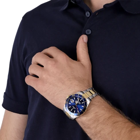 Мъжки ръчен часовник с автоматичен механизъм - корпус от Стомана - Стоманена верижка - цвят Син Злато