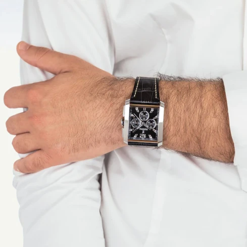 Мъжки ръчен часовник с кварцов механизъм - корпус от Стомана - Естествена кожа - цвят Черен Черен