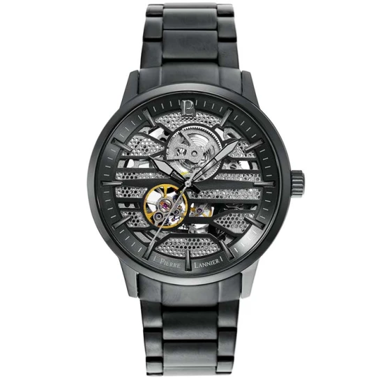 Мъжки ръчен часовник с автоматичен механизъм - корпус от Стомана - Стоманена верижка - цвят Скелетон Черен