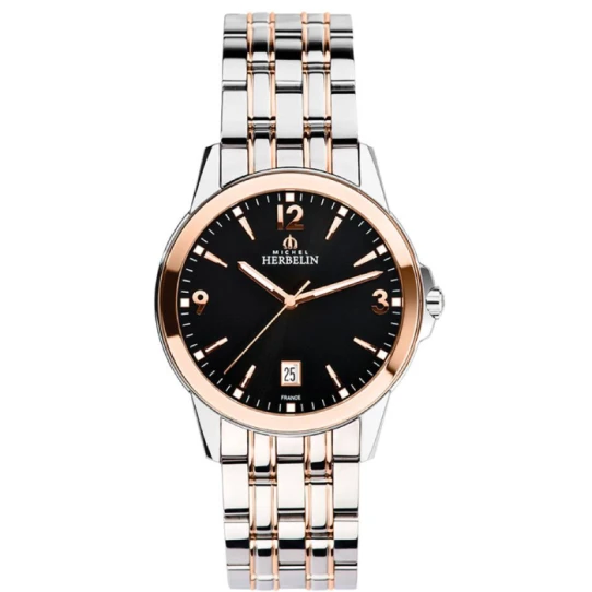 Мъжки ръчен часовник с кварцов механизъм - корпус от Стомана - Стоманена верижка - цвят Черен Розово Злато