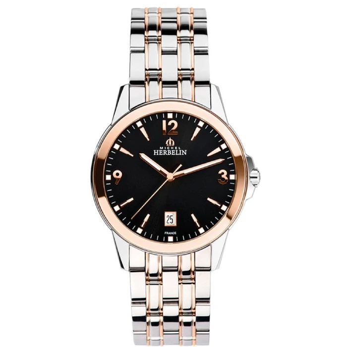 Мъжки ръчен часовник с кварцов механизъм - корпус от Стомана - Стоманена верижка - цвят Черен Розово Злато